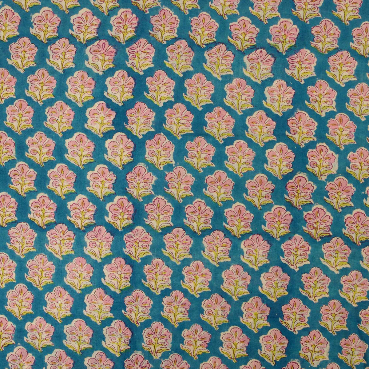 Indian Hand Block Printed 100 % Cotton Fabric-Turquoise Blue with Pink Flowers( Design 711)