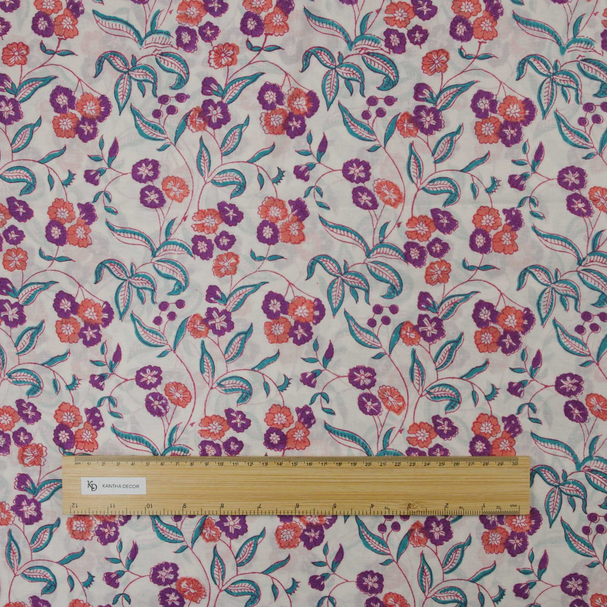 Indian Hand Block Printed 100 % Cotton Fabric- Purple and Coral Flowers with Teal Leaves, White Background ( Design 712 )