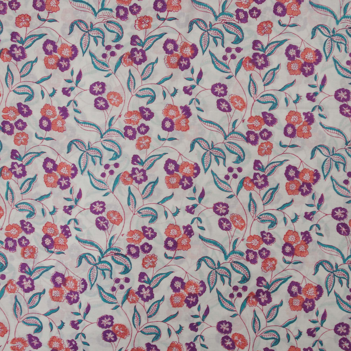 Indian Hand Block Printed 100 % Cotton Fabric- Purple and Coral Flowers with Teal Leaves, White Background ( Design 712 )