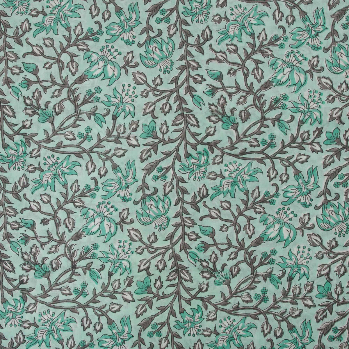 Indian Hand Block Printed 100 % Cotton Fabric-Mint Green and Grey Botanical Pattern (Design 714 )