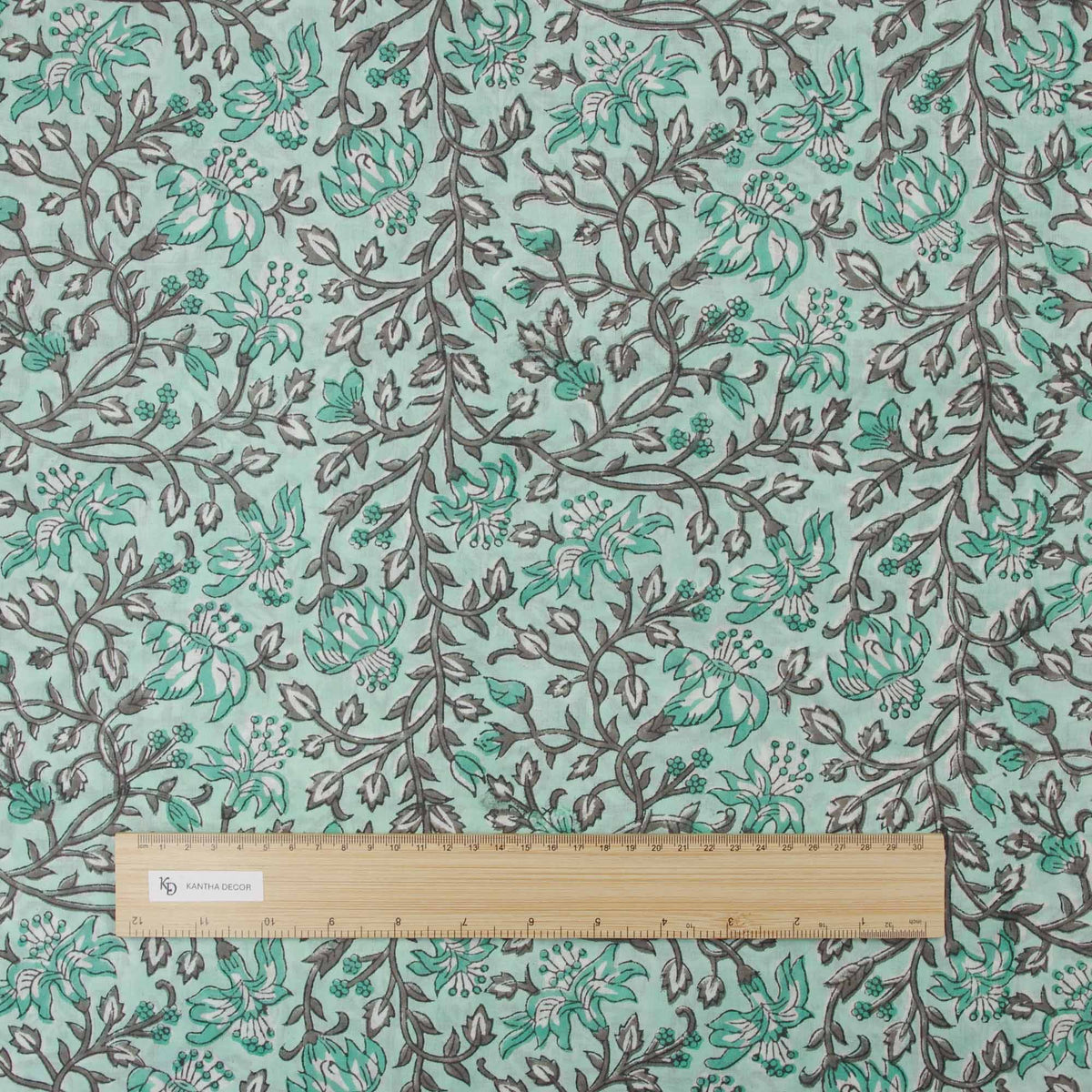Indian Hand Block Printed 100 % Cotton Fabric-Mint Green and Grey Botanical Pattern (Design 714 )