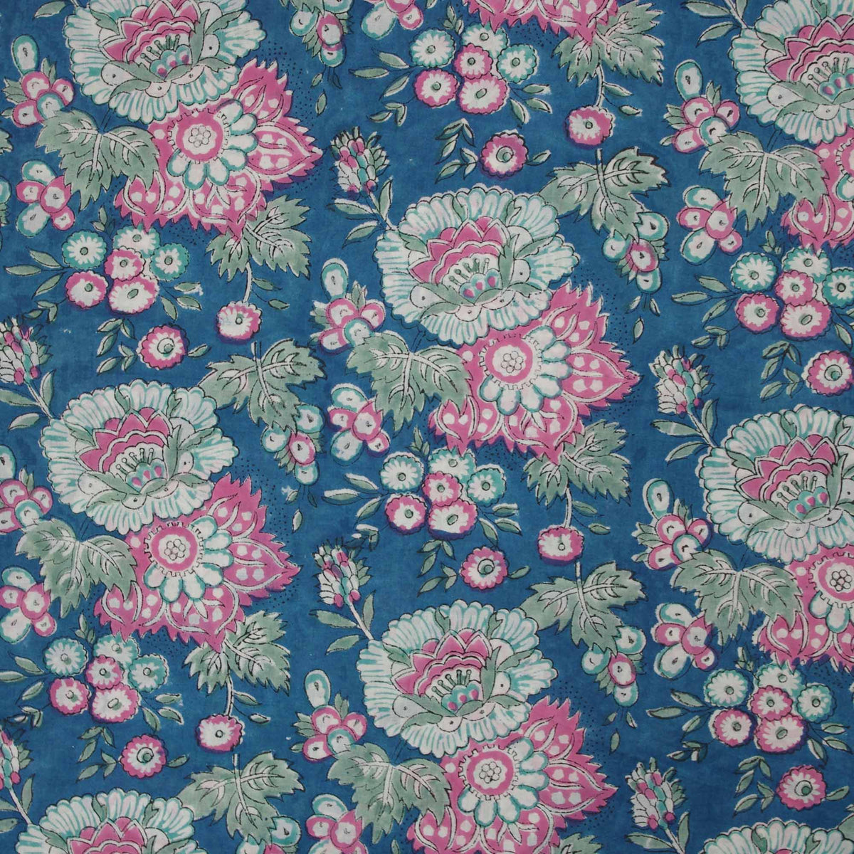Indian Hand Block Printed 100 % Cotton Fabric- Blue with Pink and Mint Flowers, Vintage-Style Pattern (Design 723)