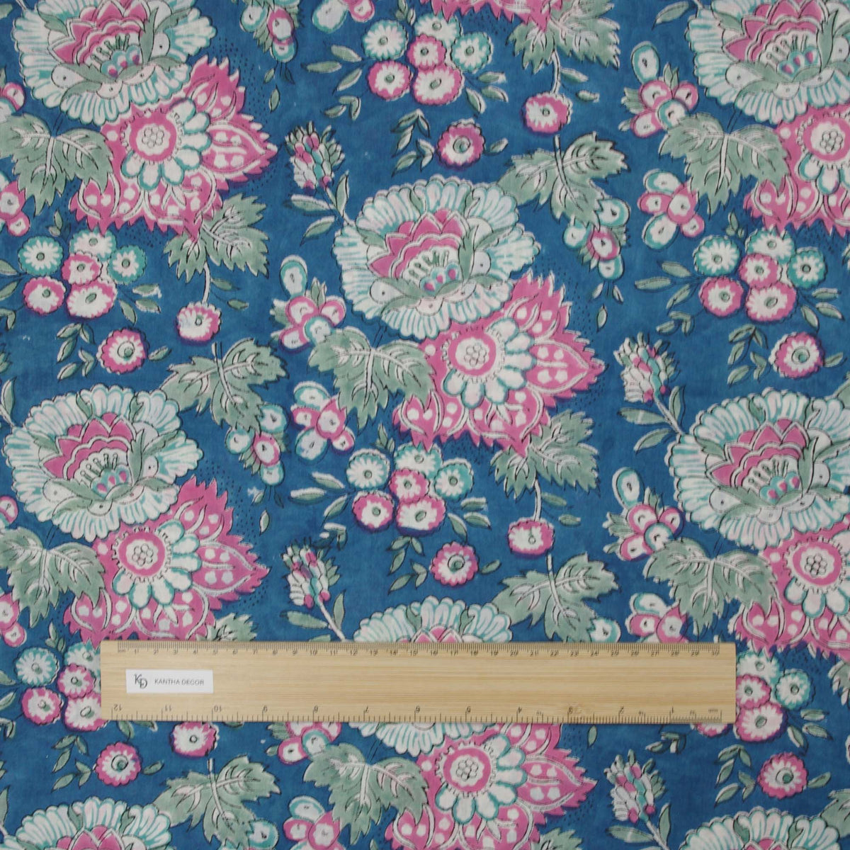 Indian Hand Block Printed 100 % Cotton Fabric- Blue with Pink and Mint Flowers, Vintage-Style Pattern (Design 723)