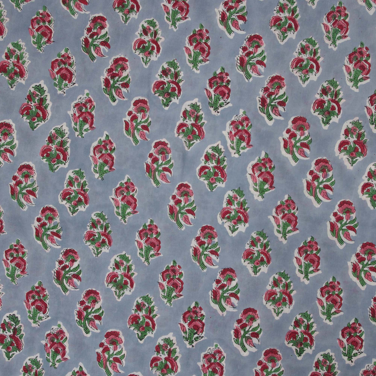 Indian Hand Block Printed 100 % Cotton Fabric- Grey Background with Red Flowers (Design 725)