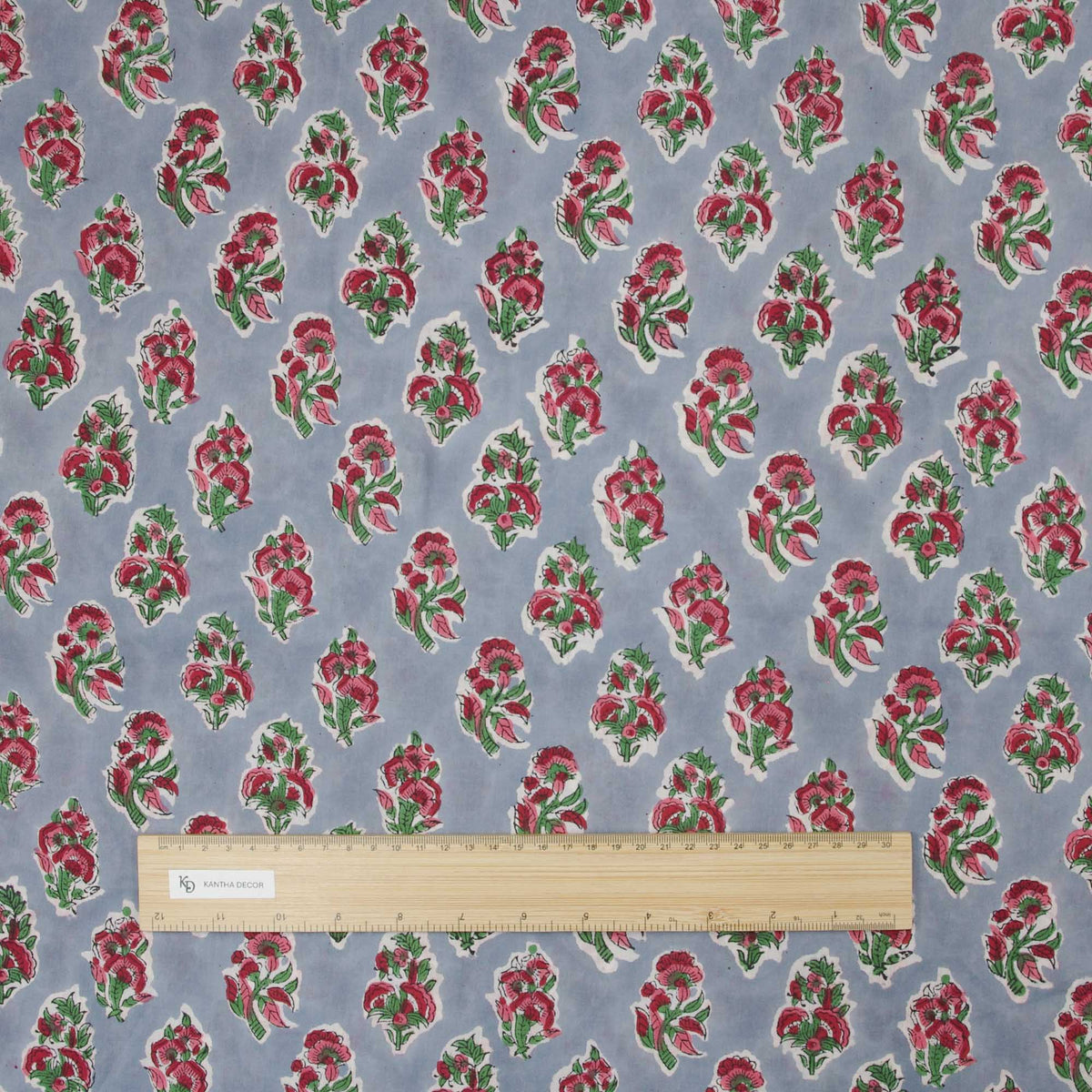 Indian Hand Block Printed 100 % Cotton Fabric- Grey Background with Red Flowers (Design 725)