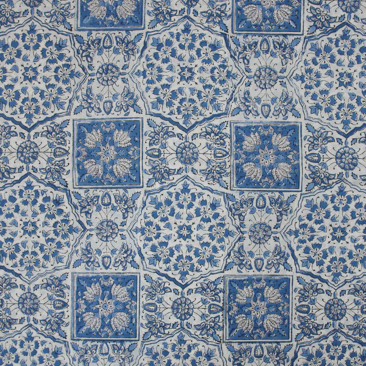 Indian Hand Block Printed 100 % Cotton Fabric- Traditional Portuguese Blue and White Floral Tile Pattern  (Design 728)