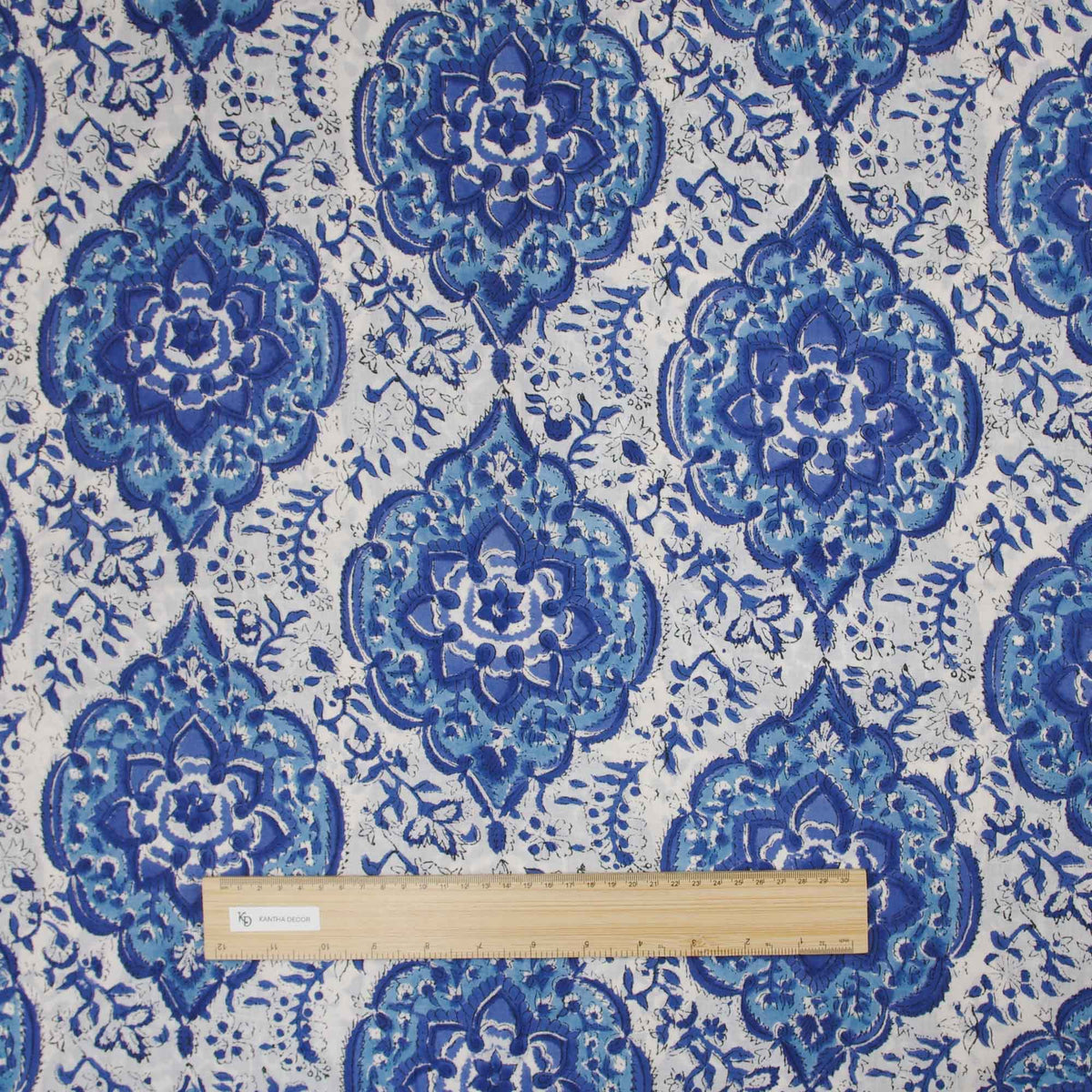 Indian Hand Block Printed 100 % Cotton Fabric- Blue and White Pattern,Traditional Medallion Design ( Design 729 )
