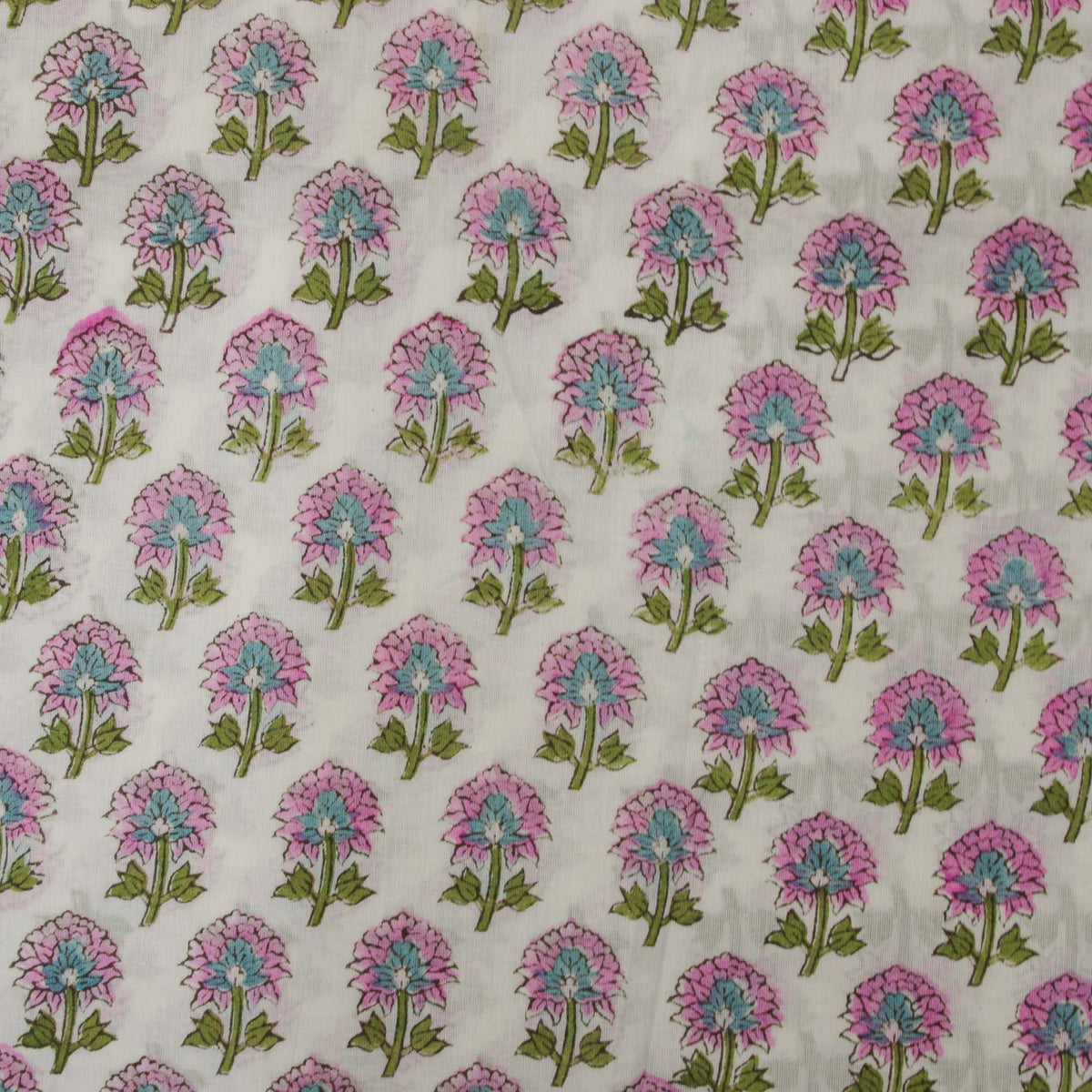Indian Hand Block Printed 100 % Cotton Fabric-  Pink and Blue Chrysanthemum Pattern, White Background (Design 731 )