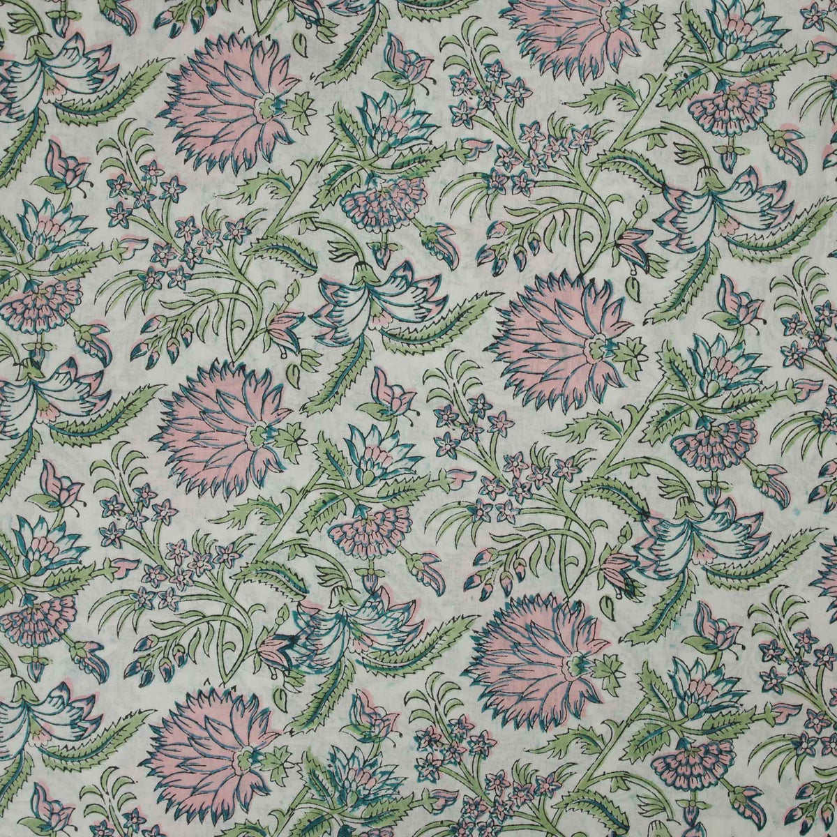 Indian Hand Block Printed 100 % Cotton Fabric- Vintage-Style Pink and Green Pattern, White Background (Design 732)
