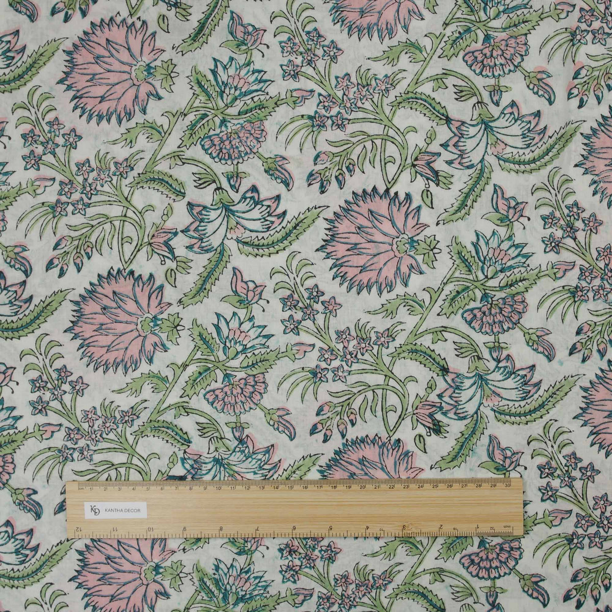 Indian Hand Block Printed 100 % Cotton Fabric- Vintage-Style Pink and Green Pattern, White Background (Design 732)
