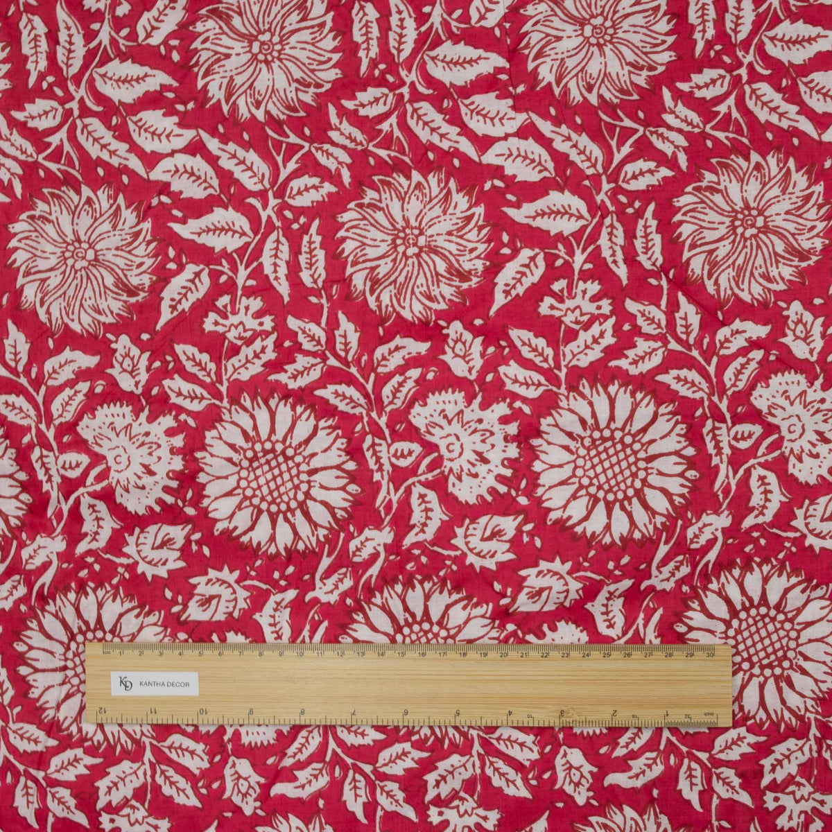 Indian Hand Block Printed 100 % Cotton Fabric- Red and White Sunflower Pattern ( Design 733)