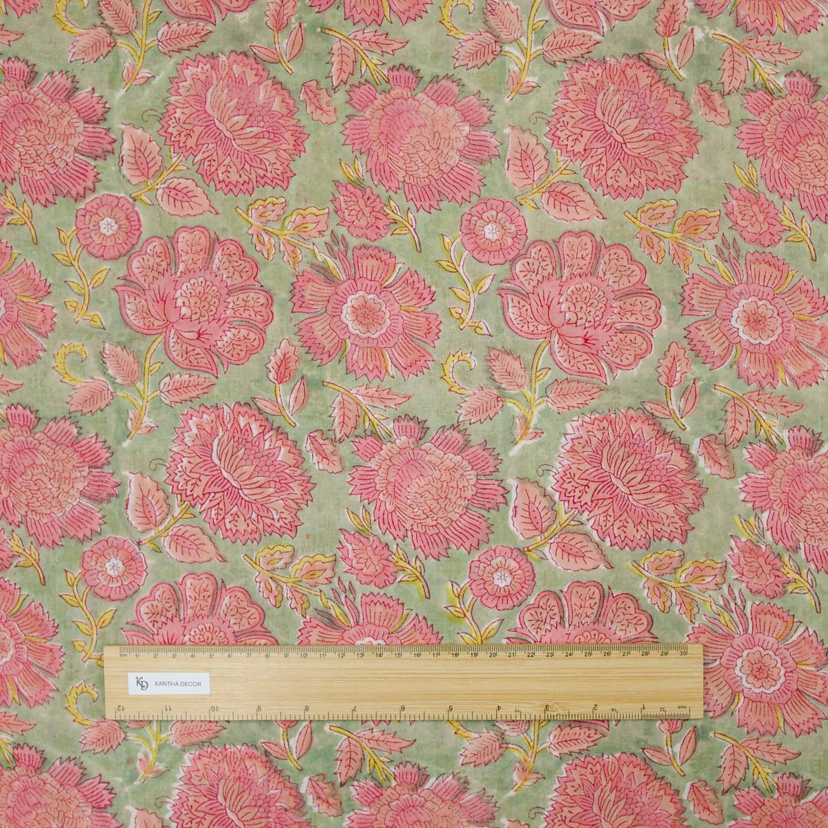 Indian Hand Block Printed 100 % Cotton Fabric-Pink Blooms On Green Pattern ( Design 737)