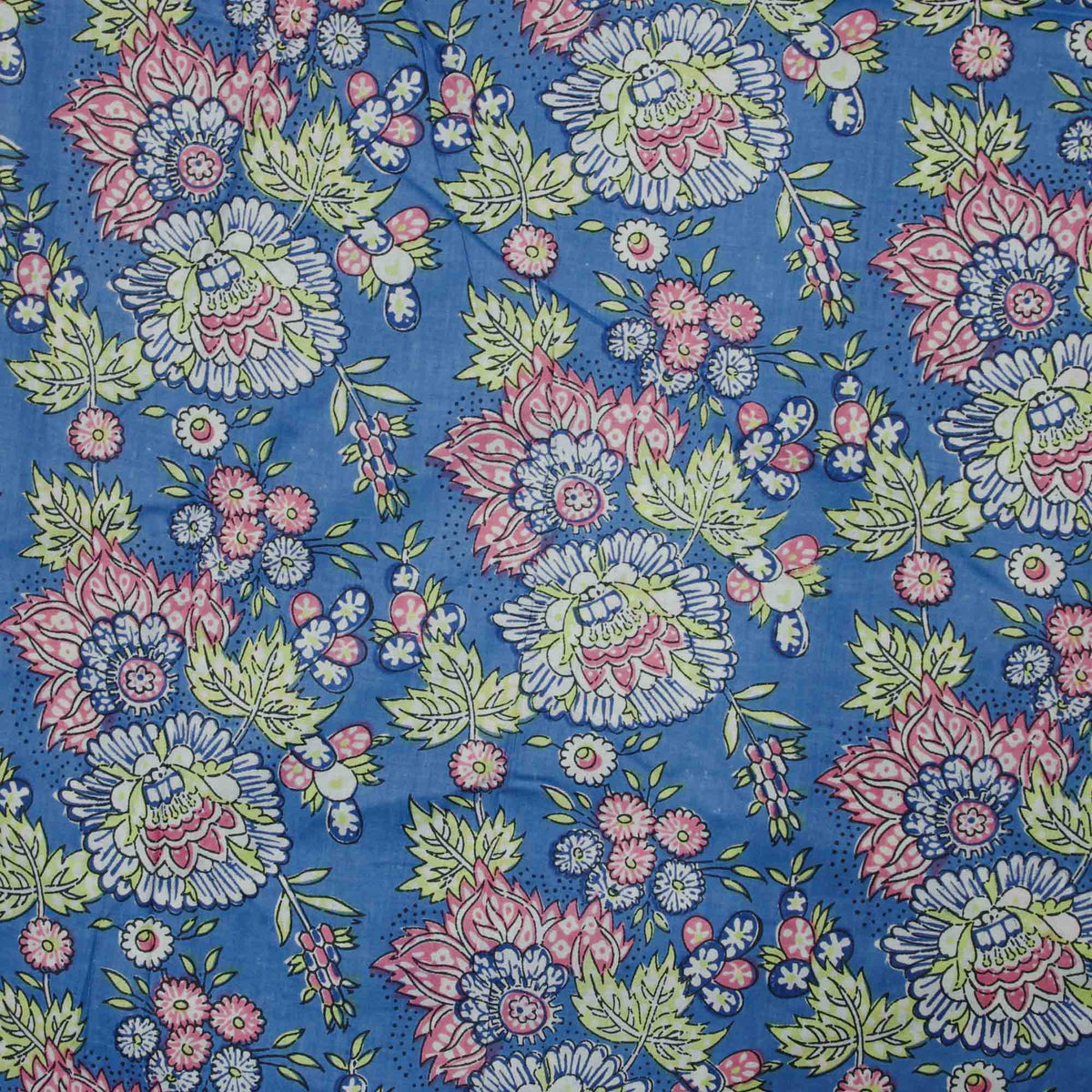 Indian Hand Block Printed 100 % Cotton Fabric-Blue Background with Pink and White Flowers ( Design 739)