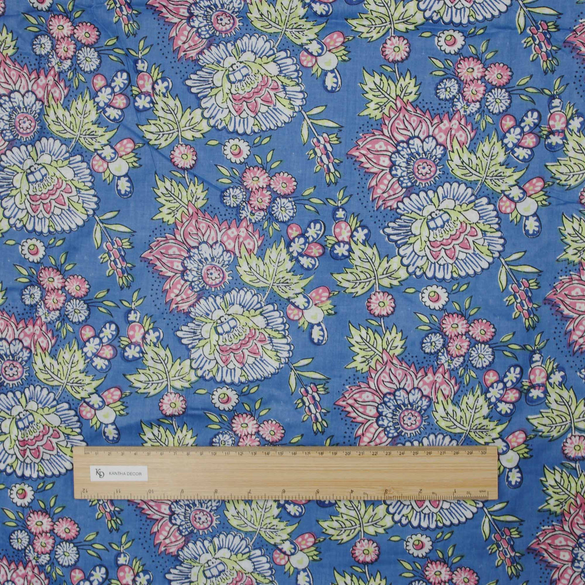 Indian Hand Block Printed 100 % Cotton Fabric-Blue Background with Pink and White Flowers ( Design 739)