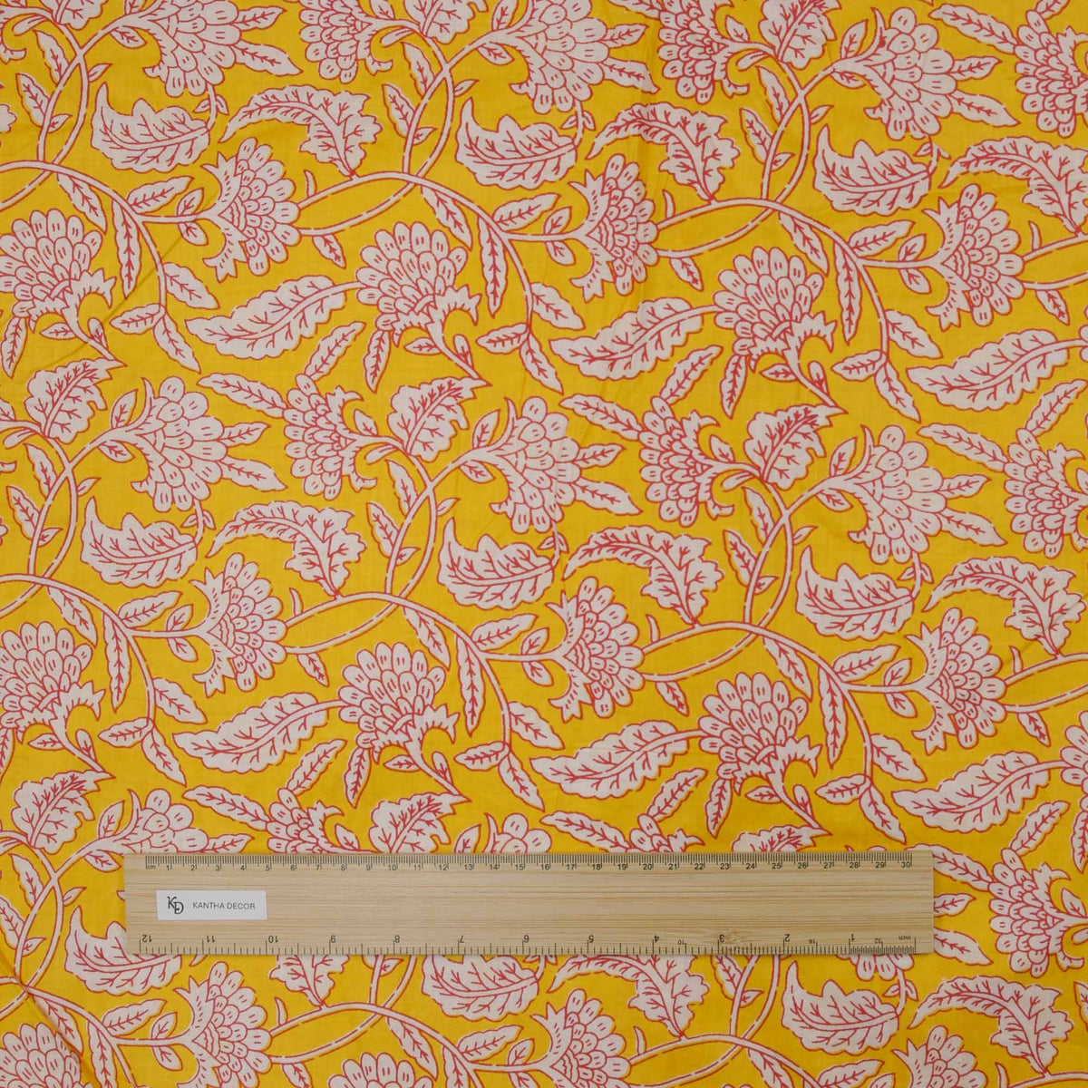 Indian Hand Block Printed 100 % Cotton Fabric- Yellow with Pink Floral ( Design 740)