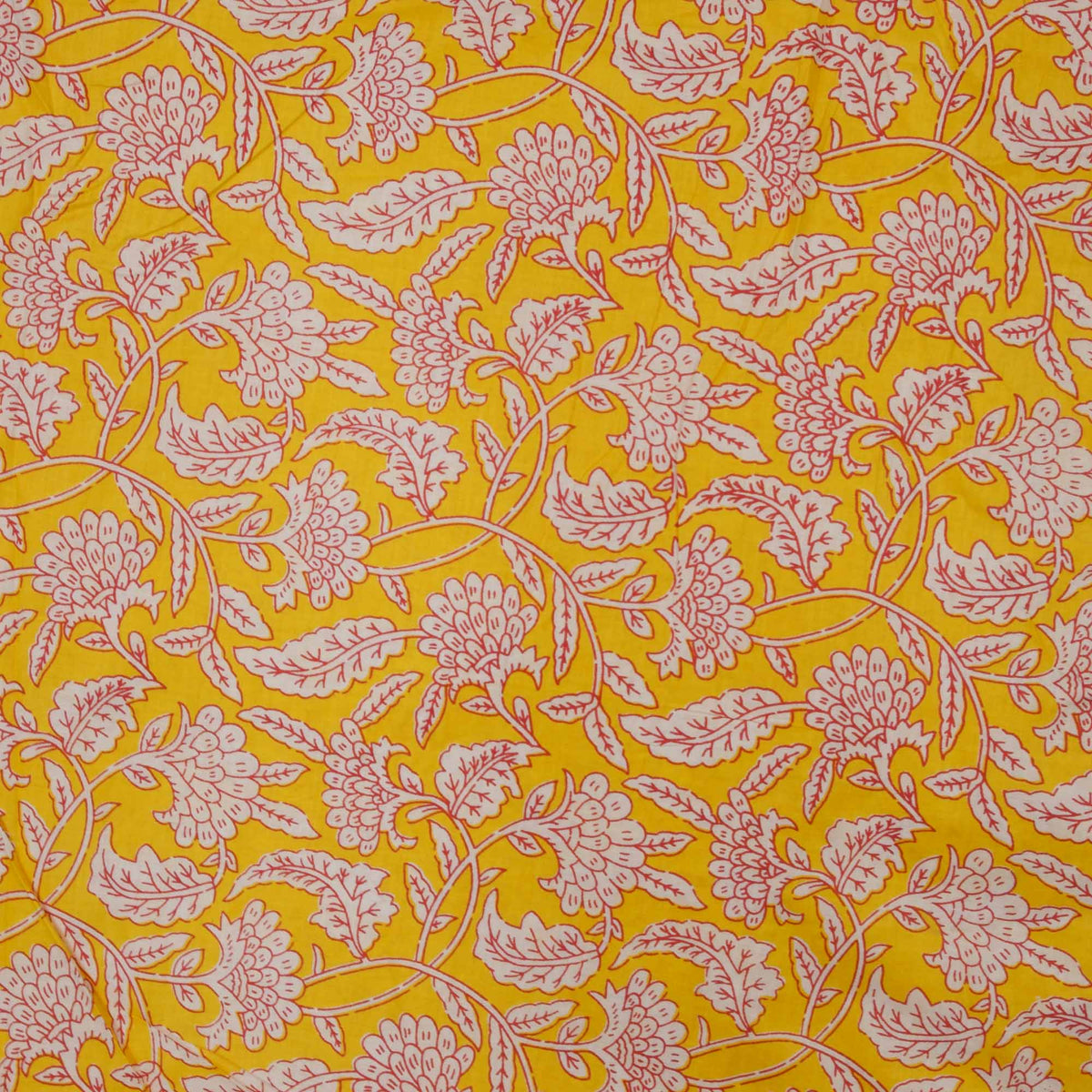 Indian Hand Block Printed 100 % Cotton Fabric- Yellow with Pink Floral ( Design 740)