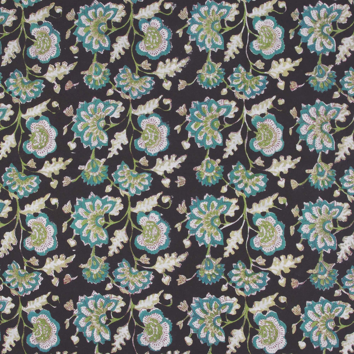 Indian Hand Block Printed 100 % Cotton Fabric- Black Turquoise Garden (Design 742)