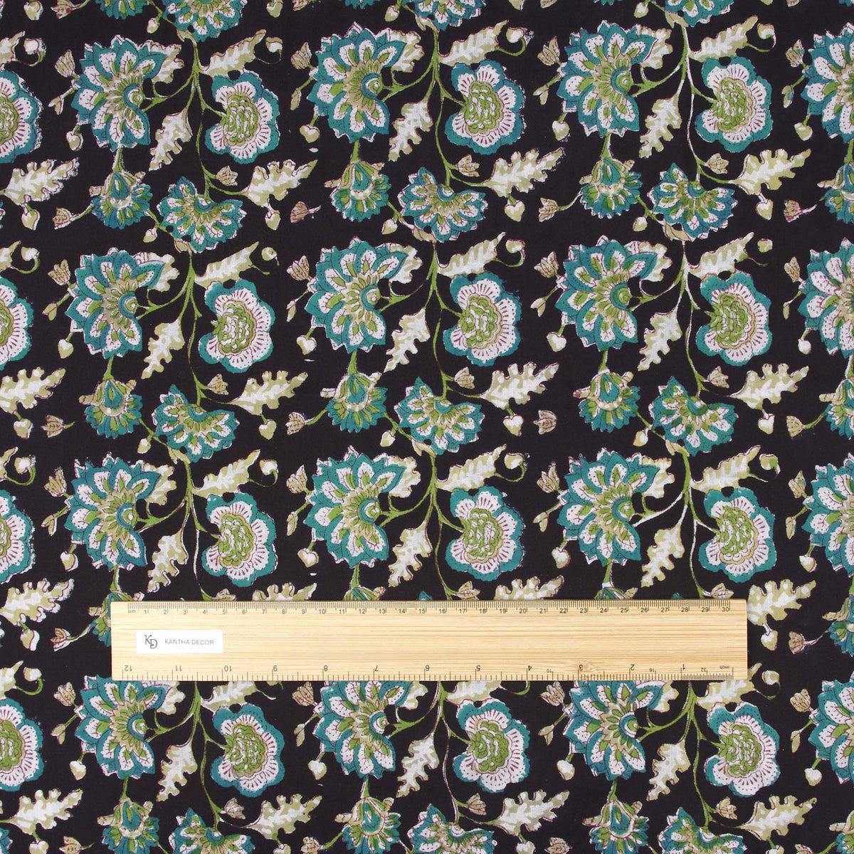 Indian Hand Block Printed 100 % Cotton Fabric- Black Turquoise Garden (Design 742)