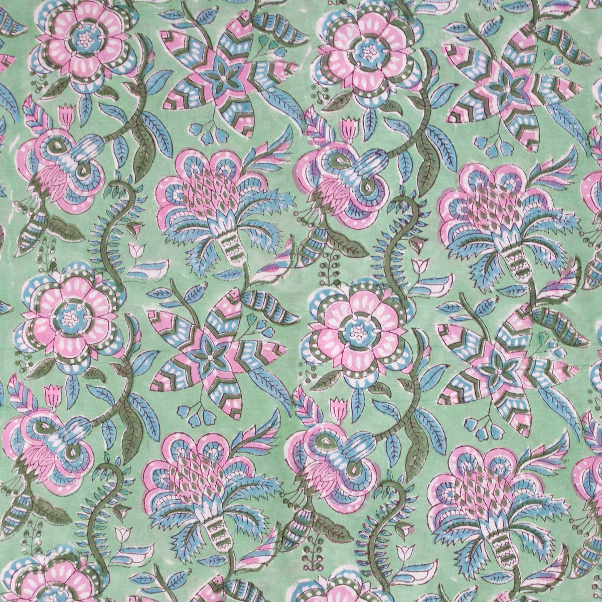 Indian Hand Block Printed 100 % Cotton Fabric- Gulbahar Mint Jaal (Design 743)