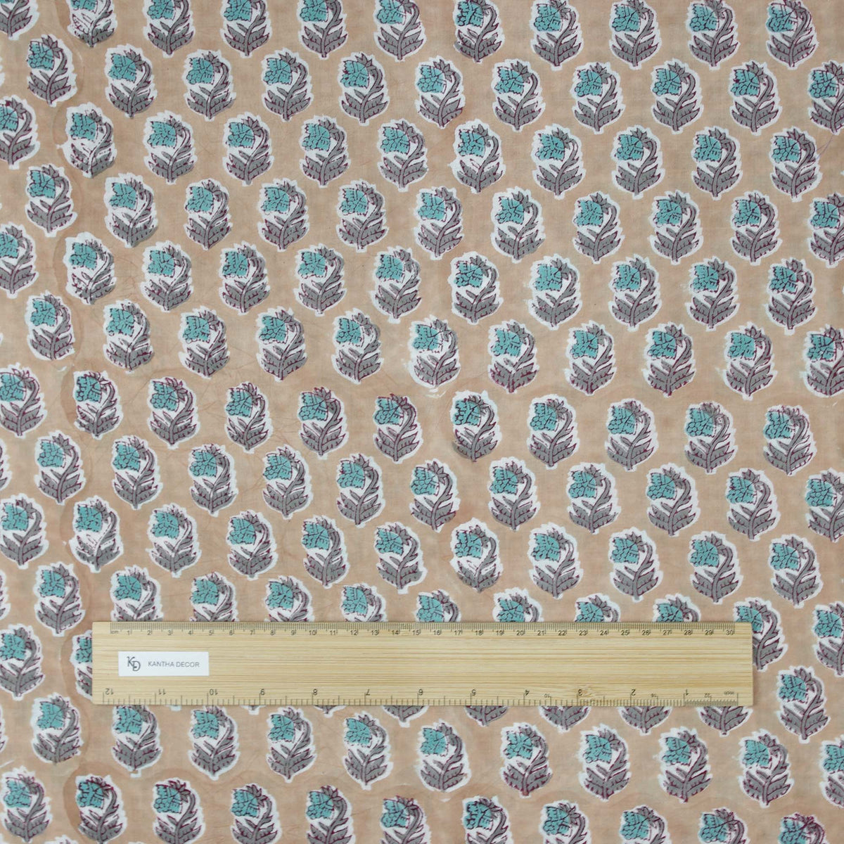 Indian Hand Block Printed 100 % Cotton Fabric- Blue Booti On Beige (Design 745)