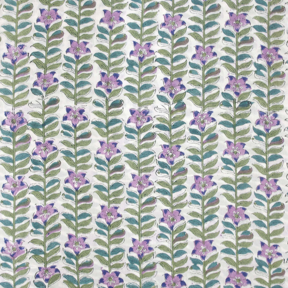 Indian Hand Block Printed 100 % Cotton Fabric- Jungle Trail Blossoms On White  (Design 747)