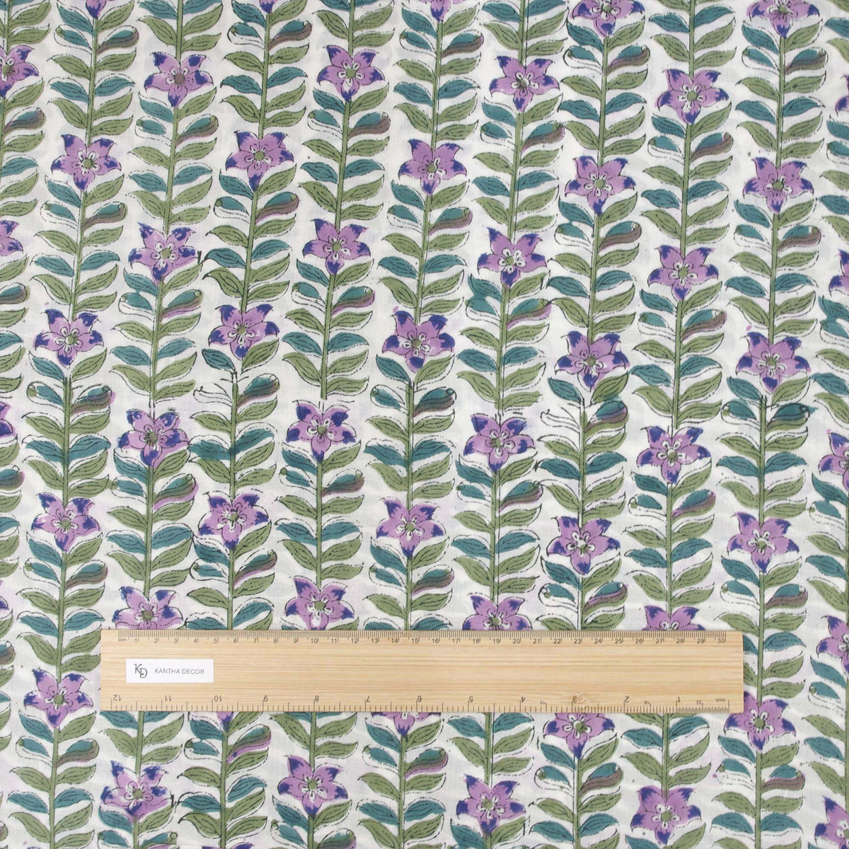 Indian Hand Block Printed 100 % Cotton Fabric- Jungle Trail Blossoms On White  (Design 747)