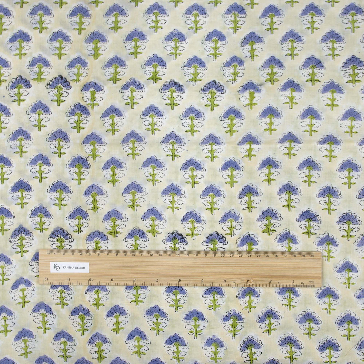 Indian Hand Block Printed 100 % Cotton Fabric- Periwinkle Flower On Lemon(Design 748)