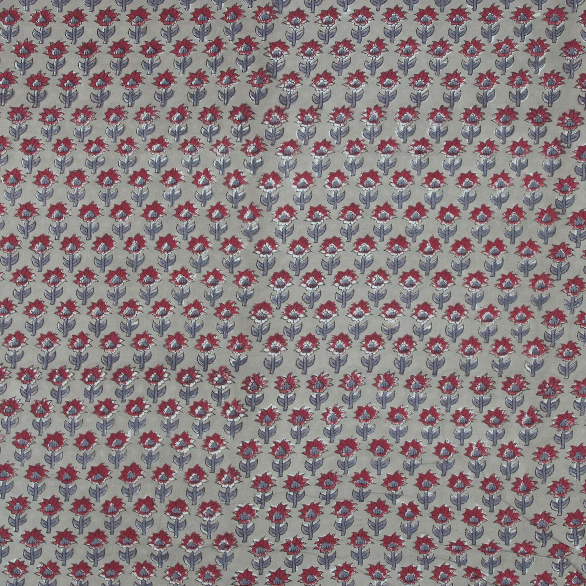 Indian Hand Block Printed 100 % Cotton Fabric- Red & Grey Floral Matrix (Design 750)