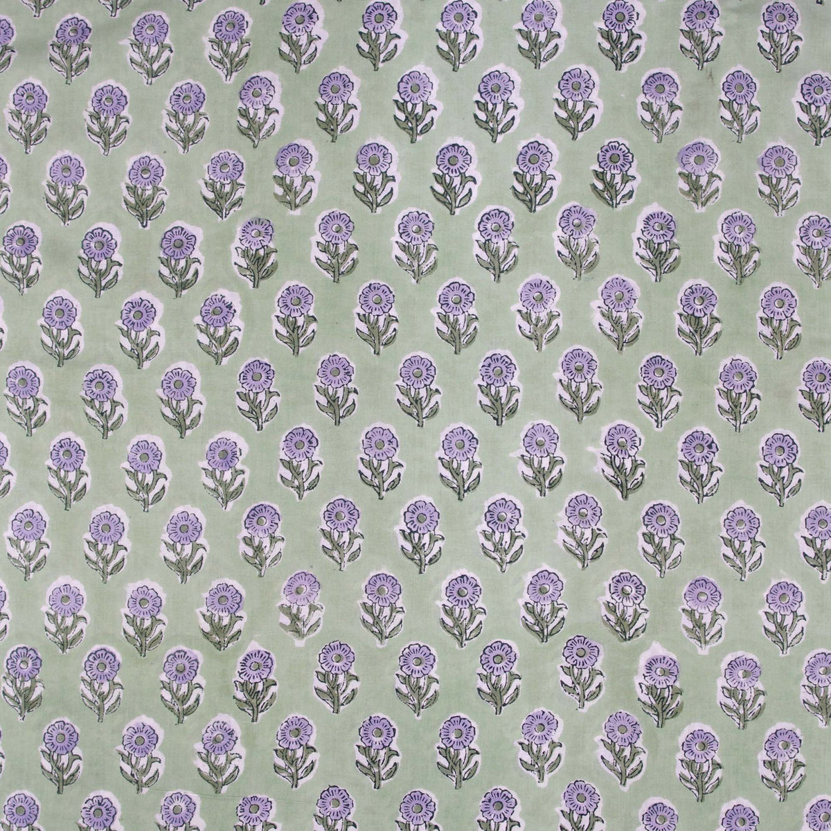 Indian Hand Block Printed 100 % Cotton Fabric- Green & Purple Floral Booti Print (Design 752)