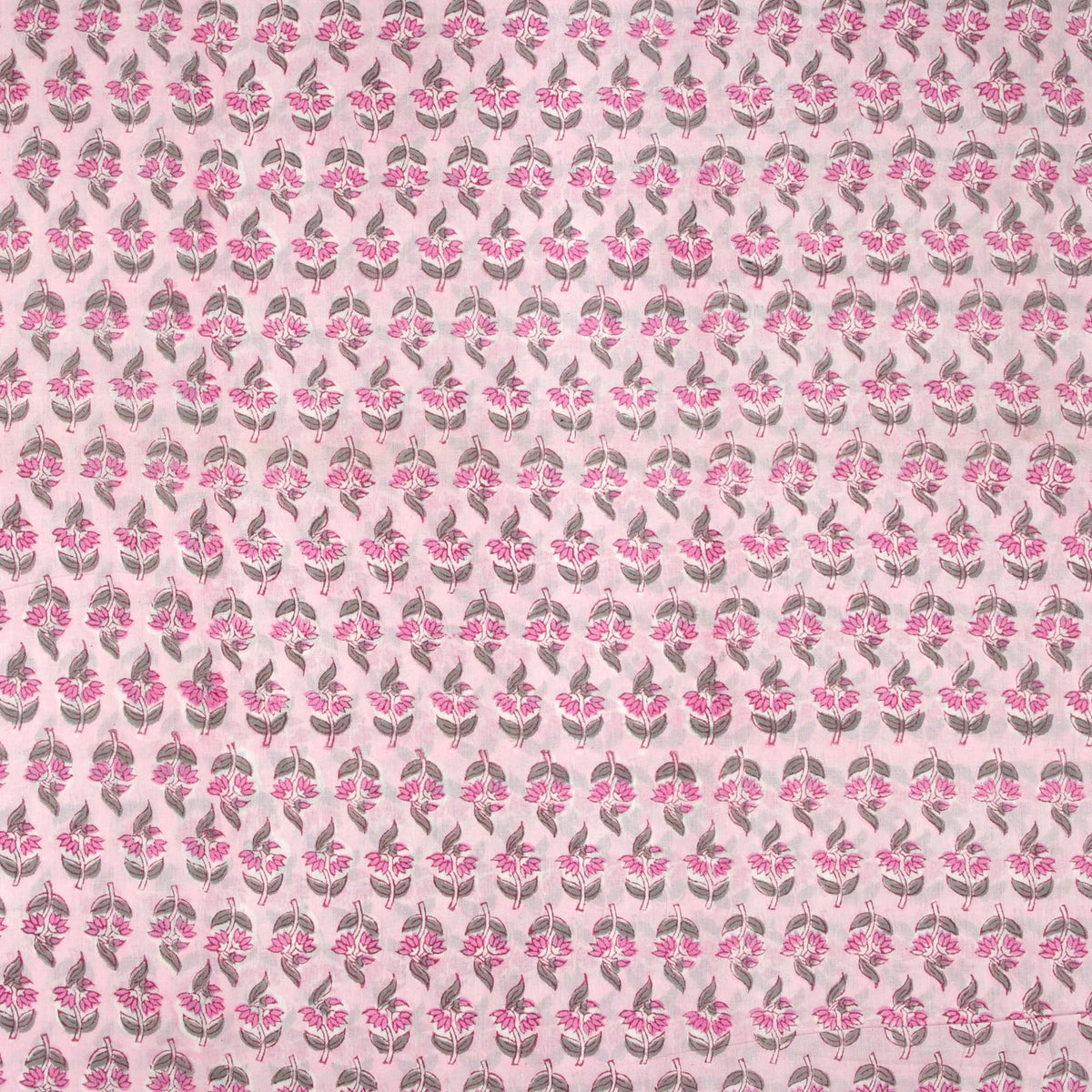 Indian Hand Block Printed 100 % Cotton Fabric- Baby Pink Grey Booti (Design 753)