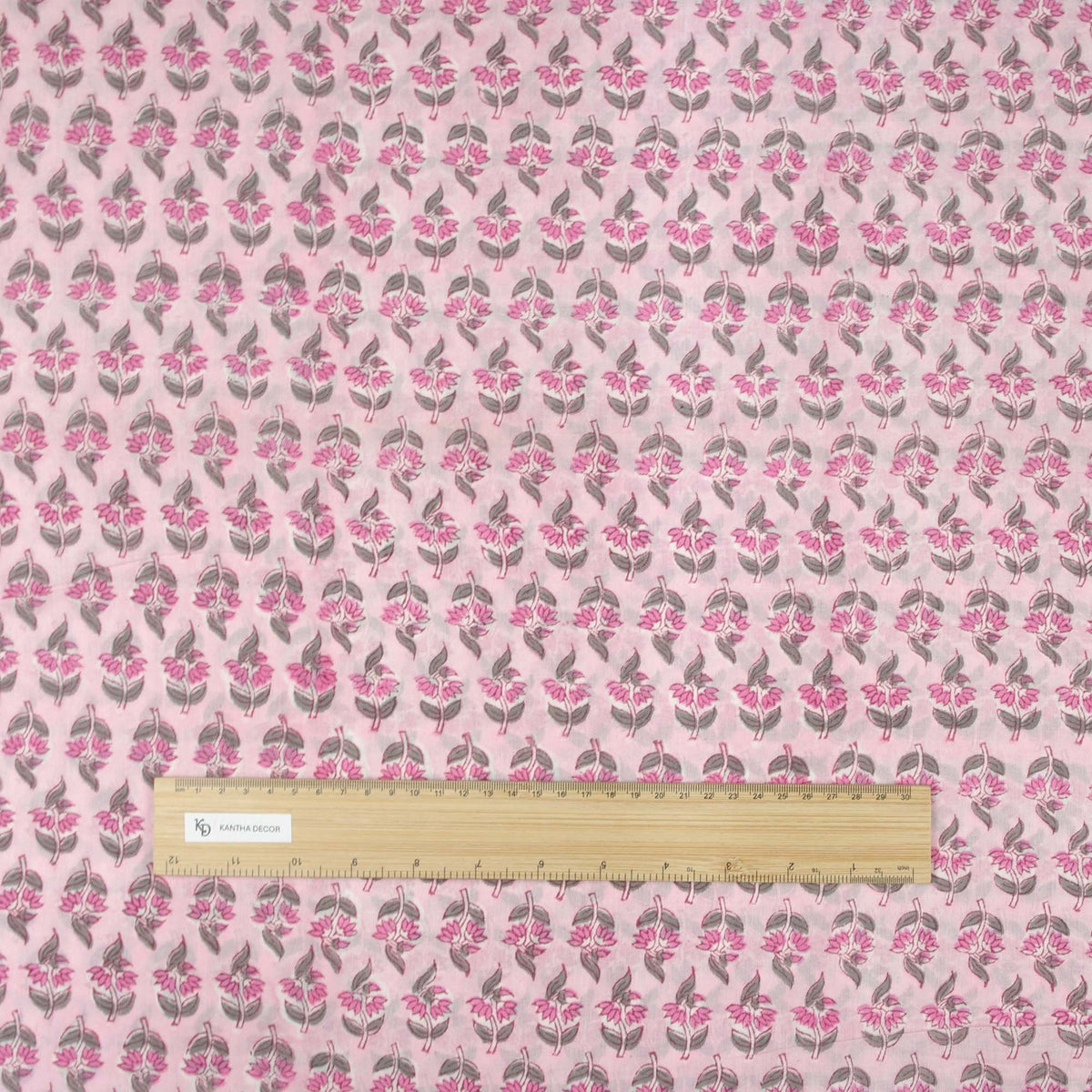 Indian Hand Block Printed 100 % Cotton Fabric- Baby Pink Grey Booti (Design 753)