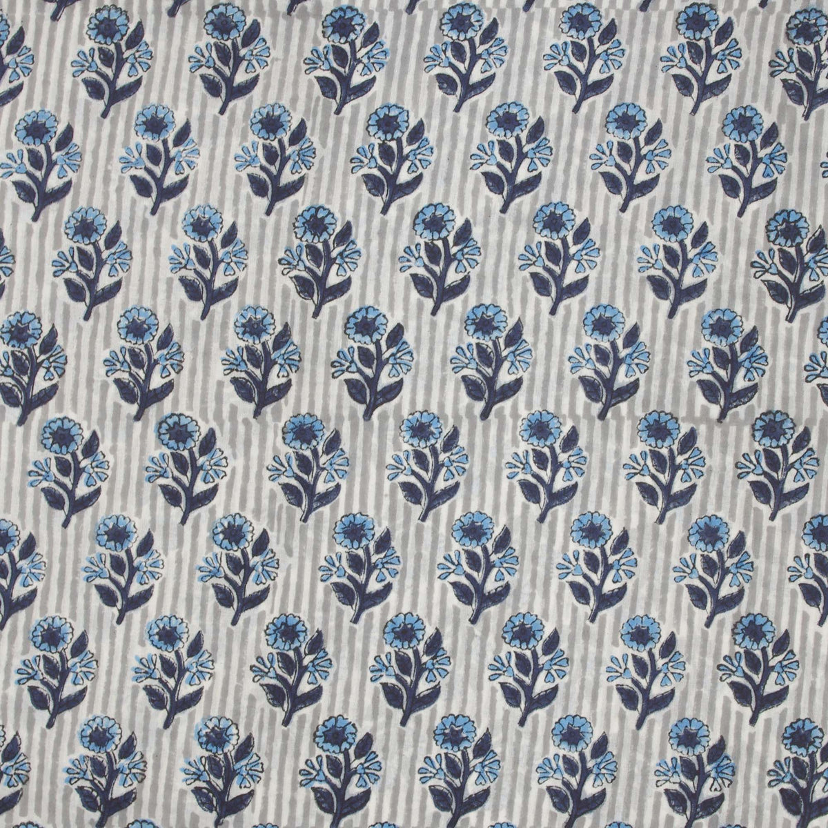 Indian Hand Block Printed 100 % Cotton Fabric- Grey Striped Blue Floral (Design 754)