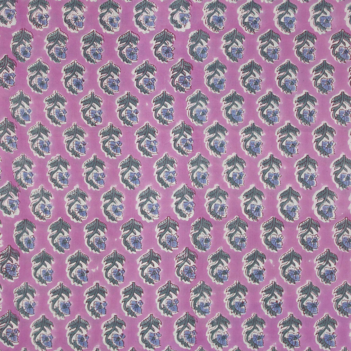 Indian Hand Block Printed 100 % Cotton Fabric - Blue Flowers On Purple (Design 762)