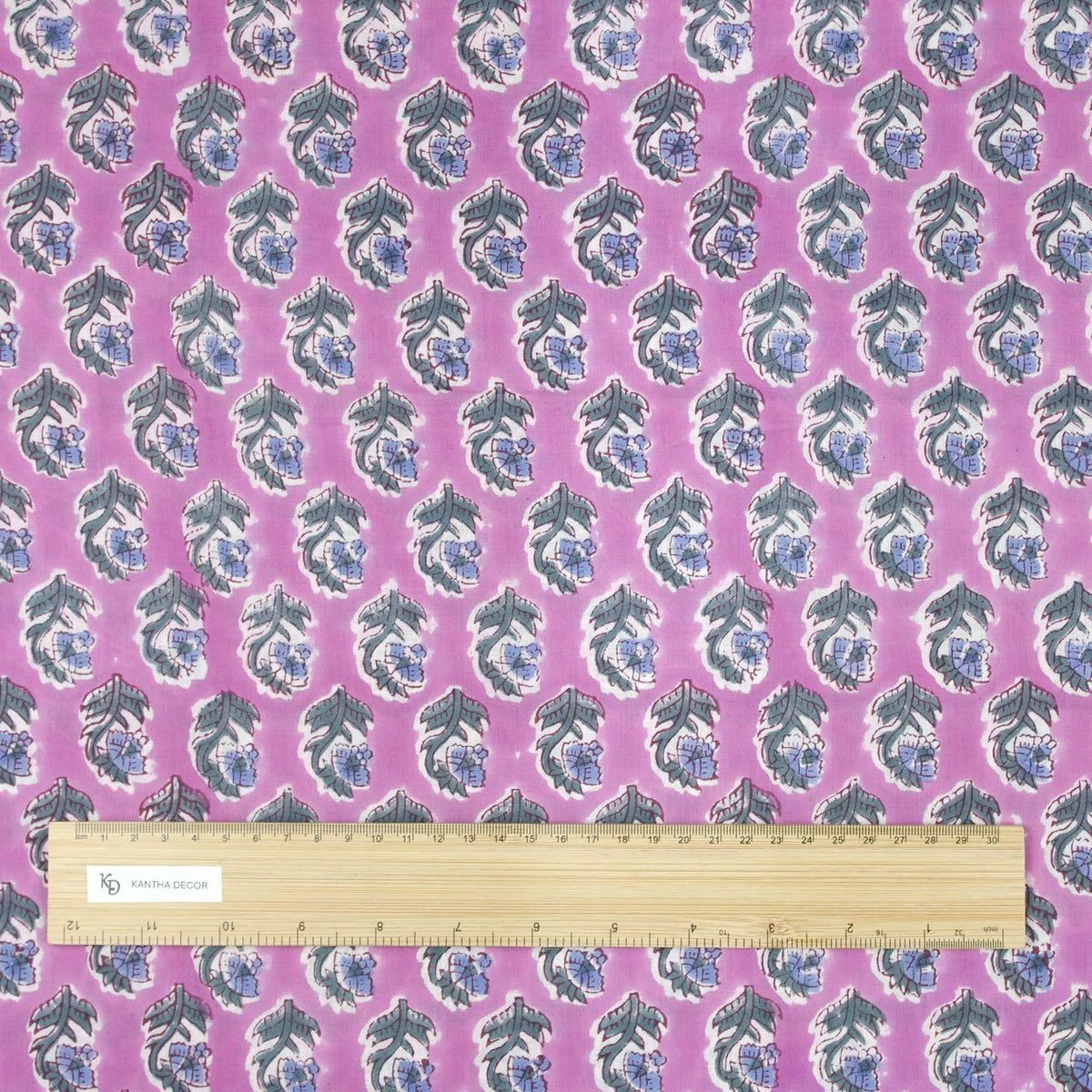 Indian Hand Block Printed 100 % Cotton Fabric - Blue Flowers On Purple (Design 762)