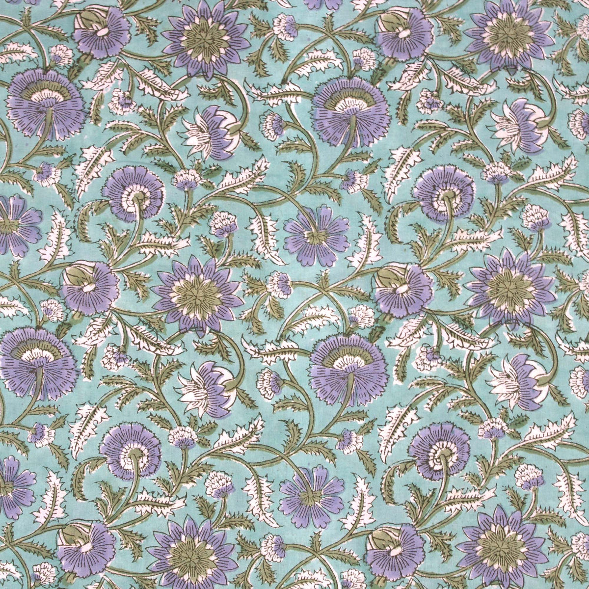 Indian Hand Block Printed 100 % Cotton Fabric - Turquoise and Purple Botanical Print (Design 764)