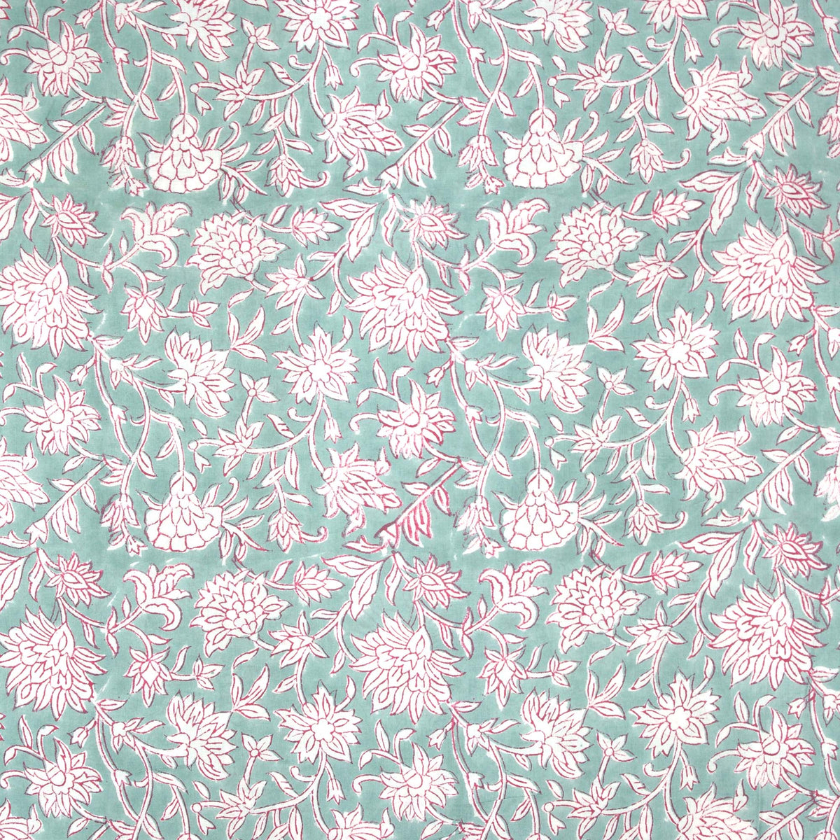 Indian Hand Block Printed 100 % Cotton Fabric - Red Floral On Teal (Design 765)