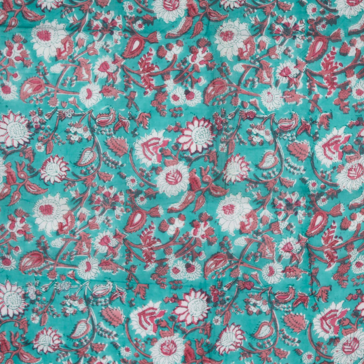 Block Print Fabric - Red Flowers On Teal ( Design 468)
