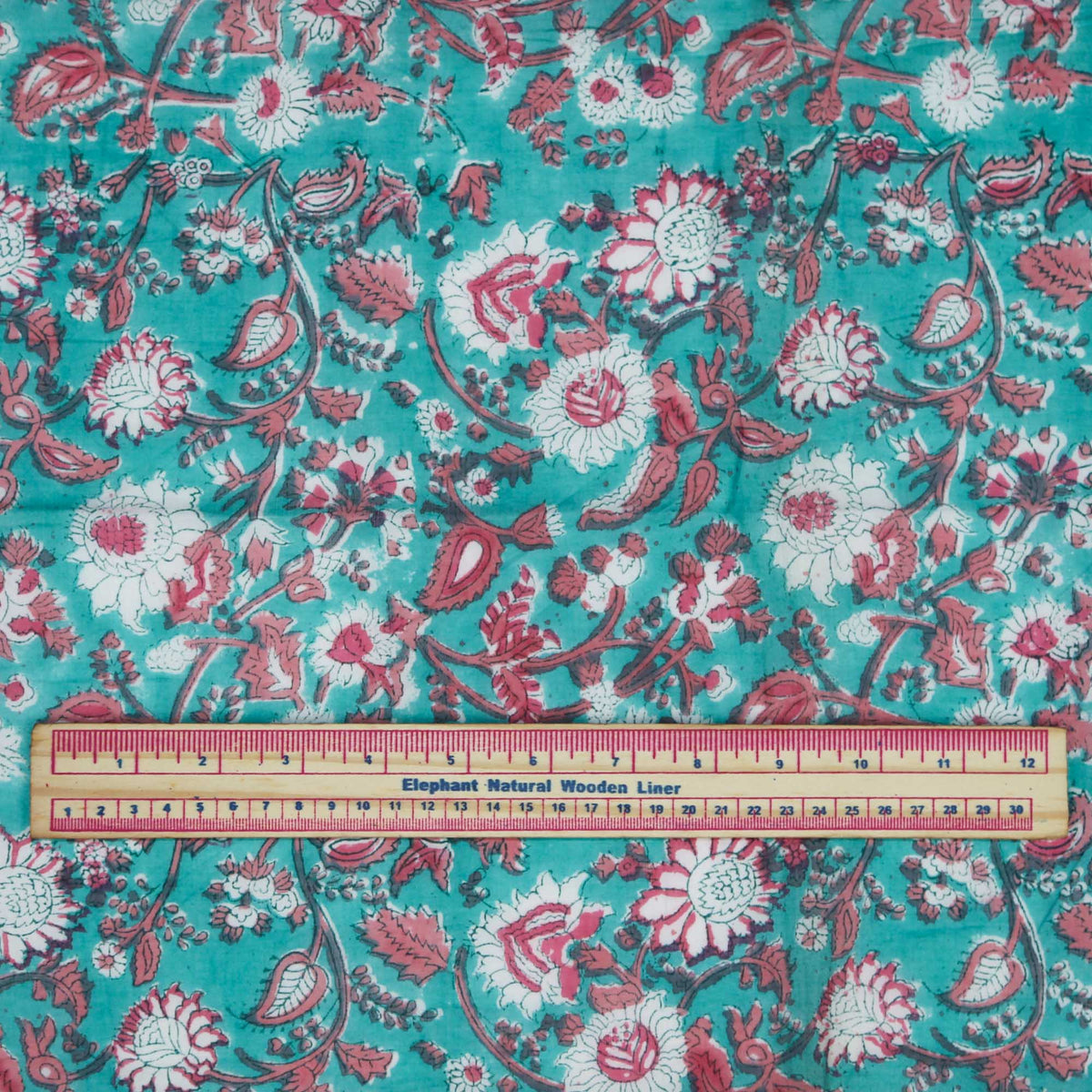 Block Print Fabric - Red Flowers On Teal ( Design 468)