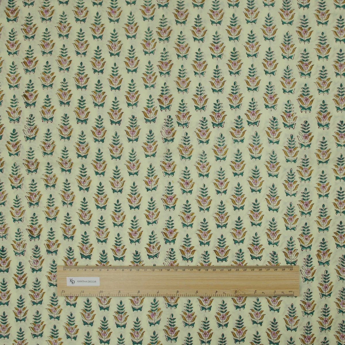Hand Block Printed 100 % Cotton Fabric- Vintage Botanical Print, Cream Background with Pink and Green Motifs (Design 735)