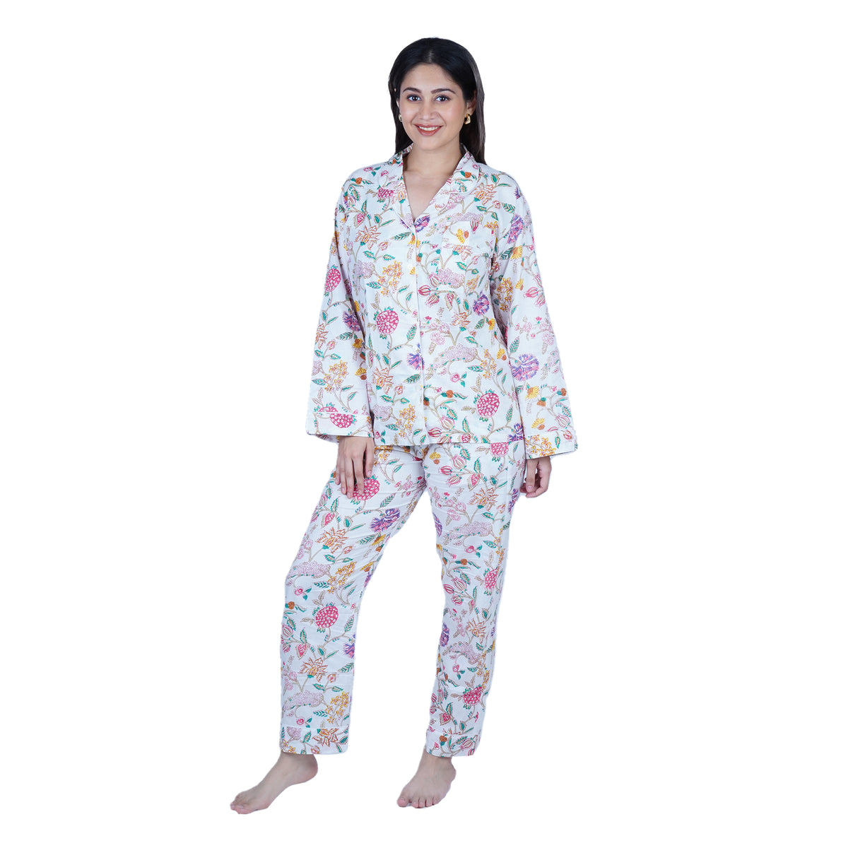 Langes bläulich-graues Pyjama-Set mit rosafarbenem Blumen-Blockdruck-Design