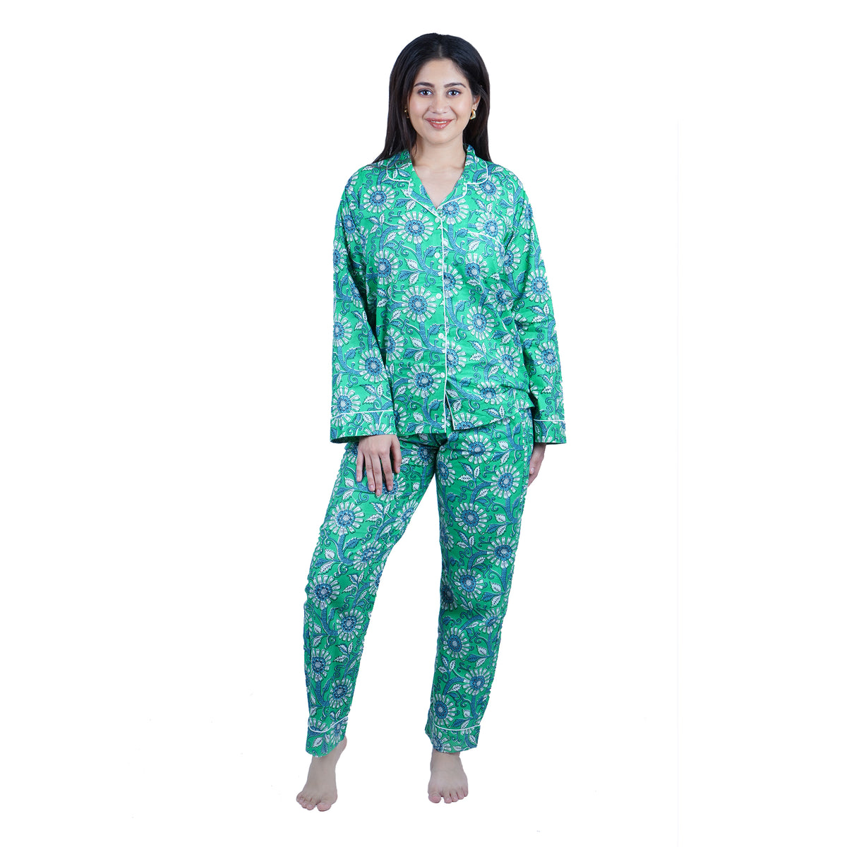 Langes bläulich-graues Pyjama-Set mit rosafarbenem Blumen-Blockdruck-Design