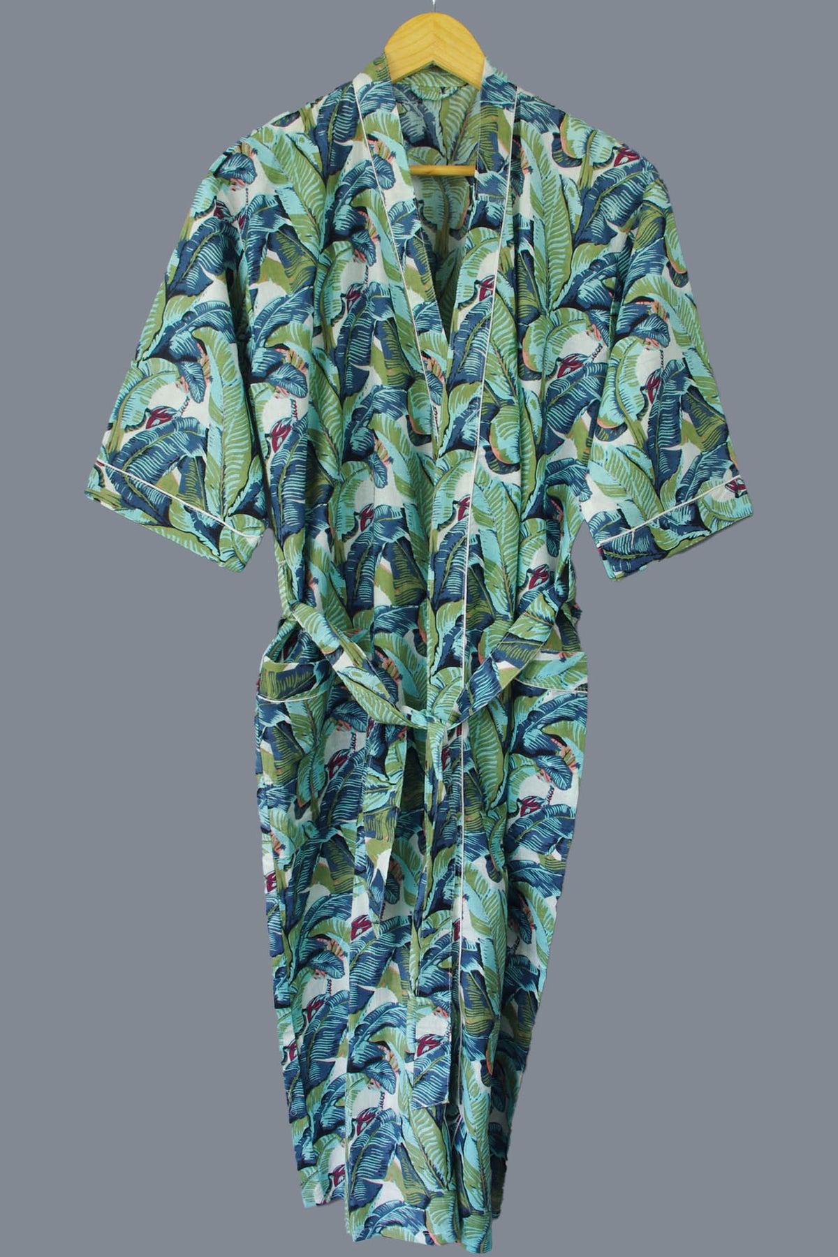 Green Banana Leaves Cotton Kimono Dressing Gown - One size