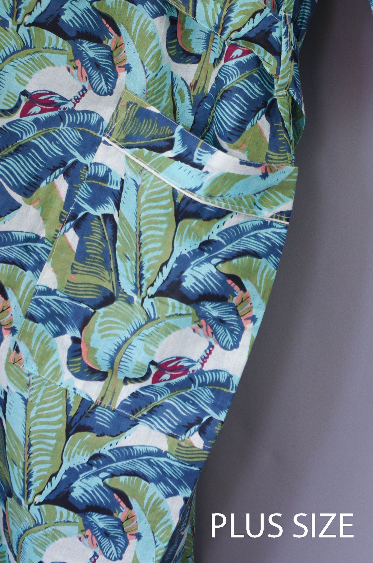 Plus Size Green Banana Leaves Print Cotton Kimono Dressing Gown