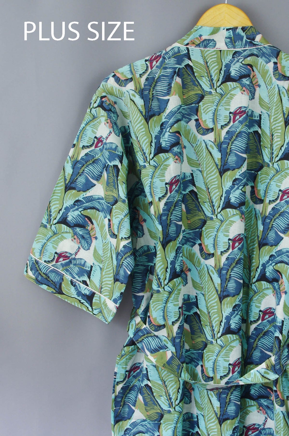 Plus Size Green Banana Leaves Print Cotton Kimono Dressing Gown
