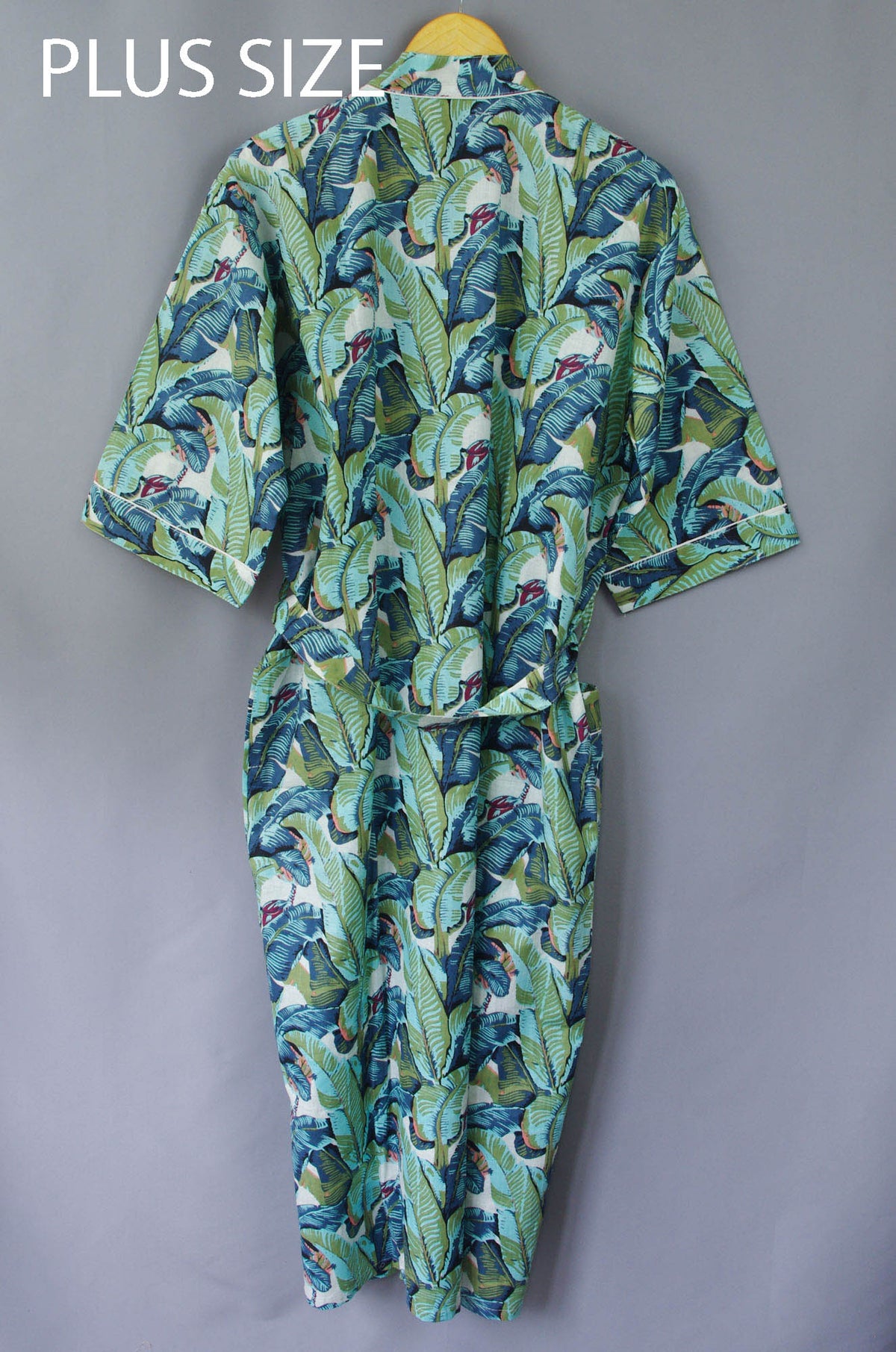 Plus Size Green Banana Leaves Print Cotton Kimono Dressing Gown