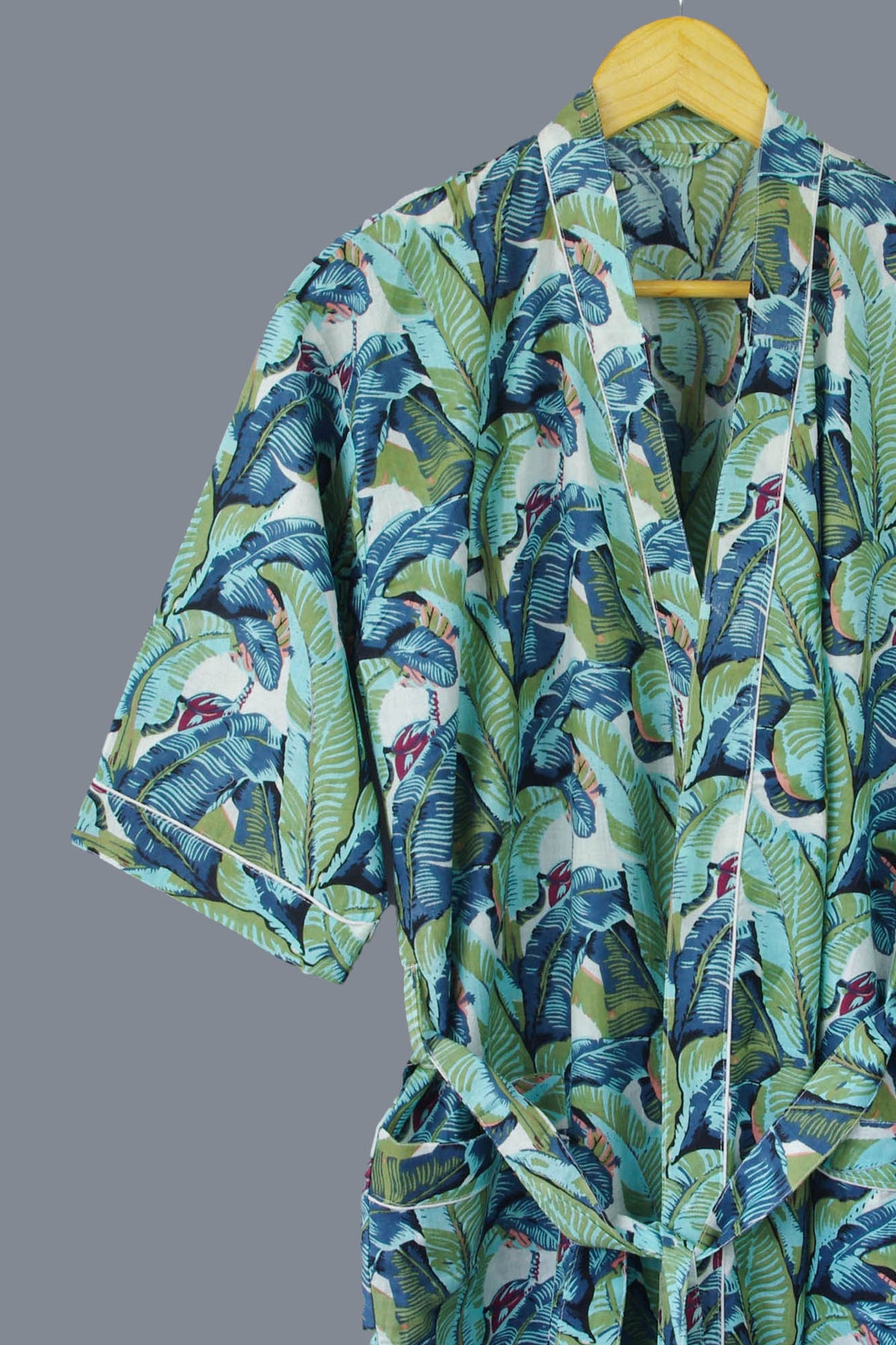 Green Banana Leaves Cotton Kimono Dressing Gown - One size