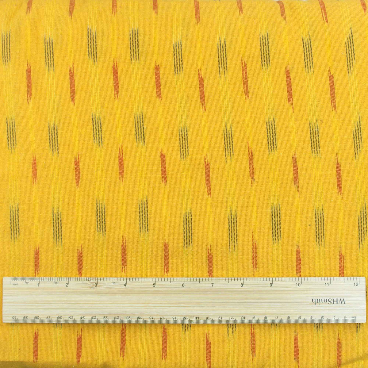 Ikat Hand Woven Cotton Fabric Design - Mustard Yellow With Black & Red Lines