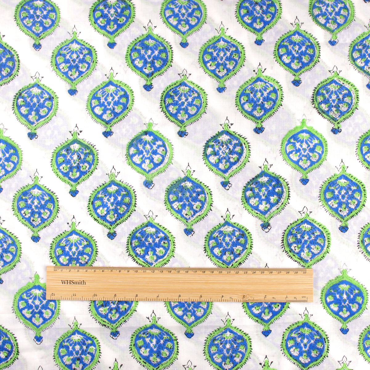 Indischer Handblock 100% Baumwolle Blau Grün Motiv Damen Kleid Stoff Design 109
