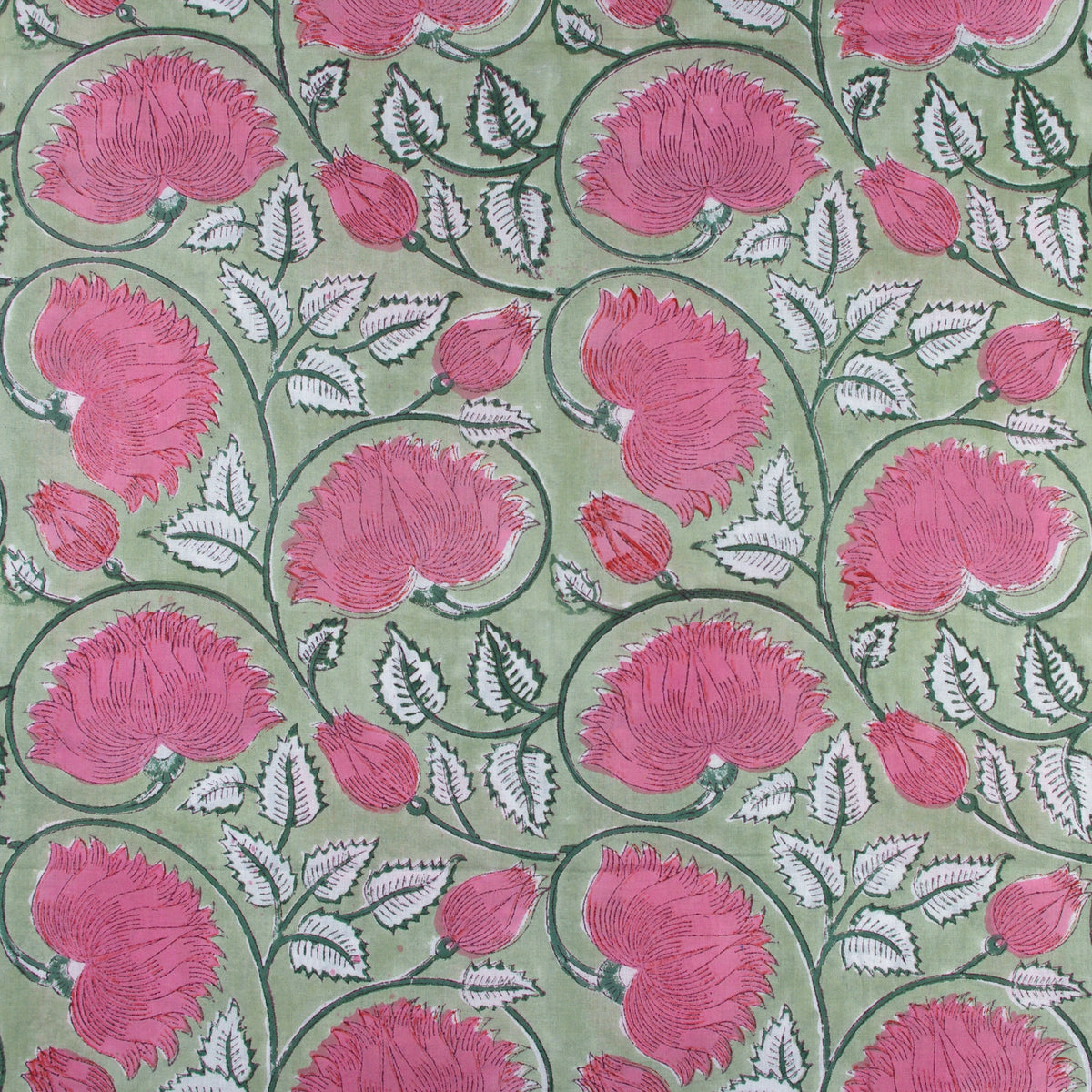 Indian Hand Block 100% Baumwolle Grün Pink Lotus Damen Kleid Stoffdesign 100