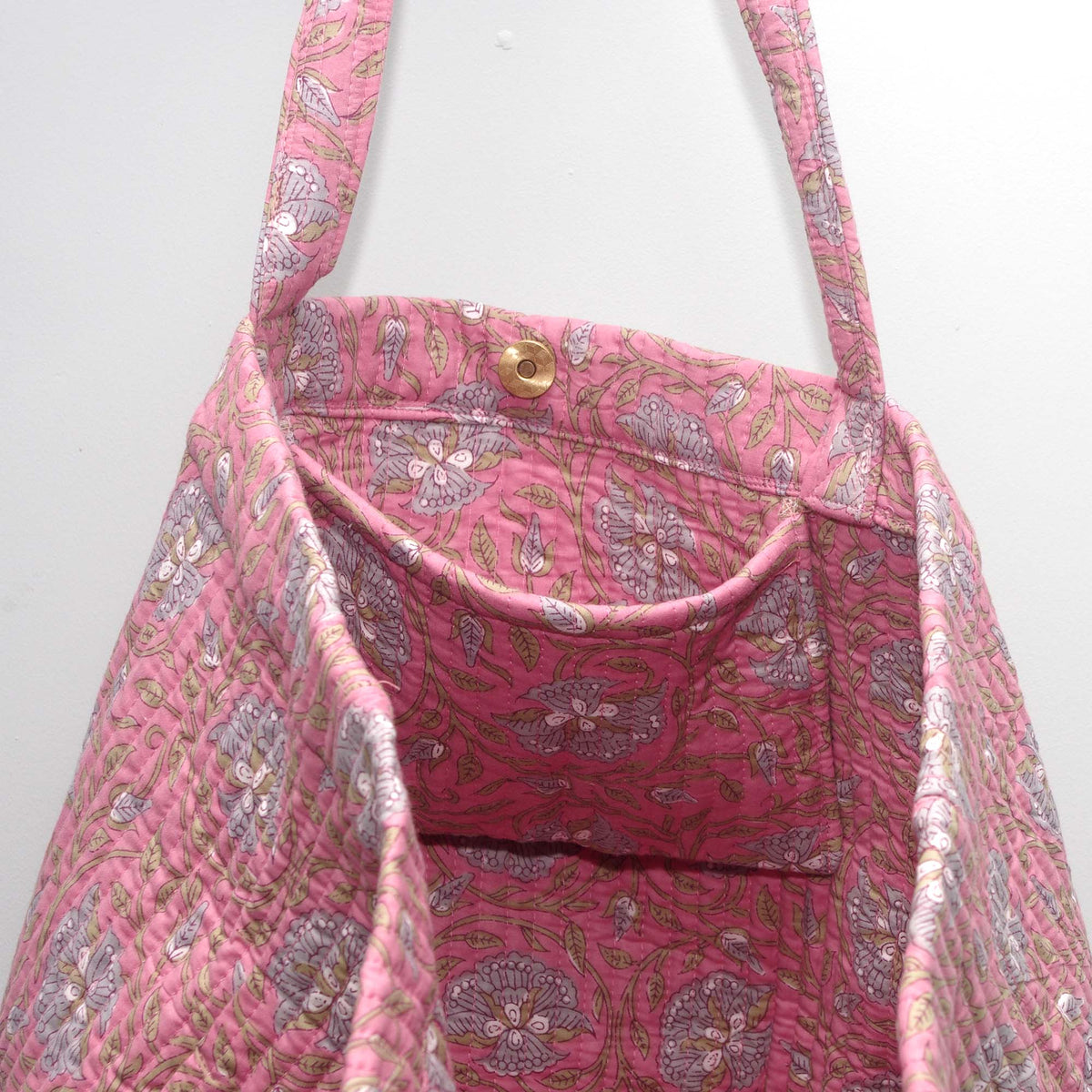 Cotton Quilted Large Shopping / Beach Bag - Peachy Pink Floral Jaal